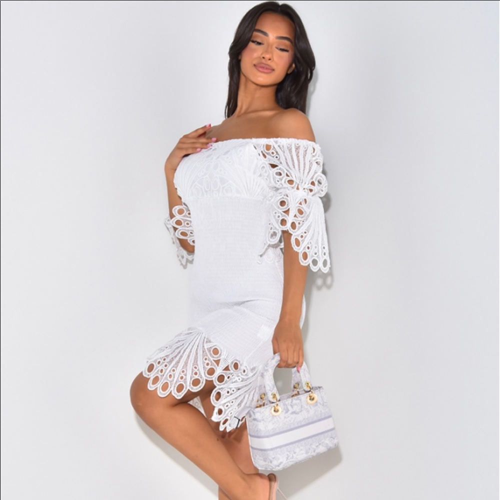 Shirred Ruffle Hem Dress with Flower Applique Detail